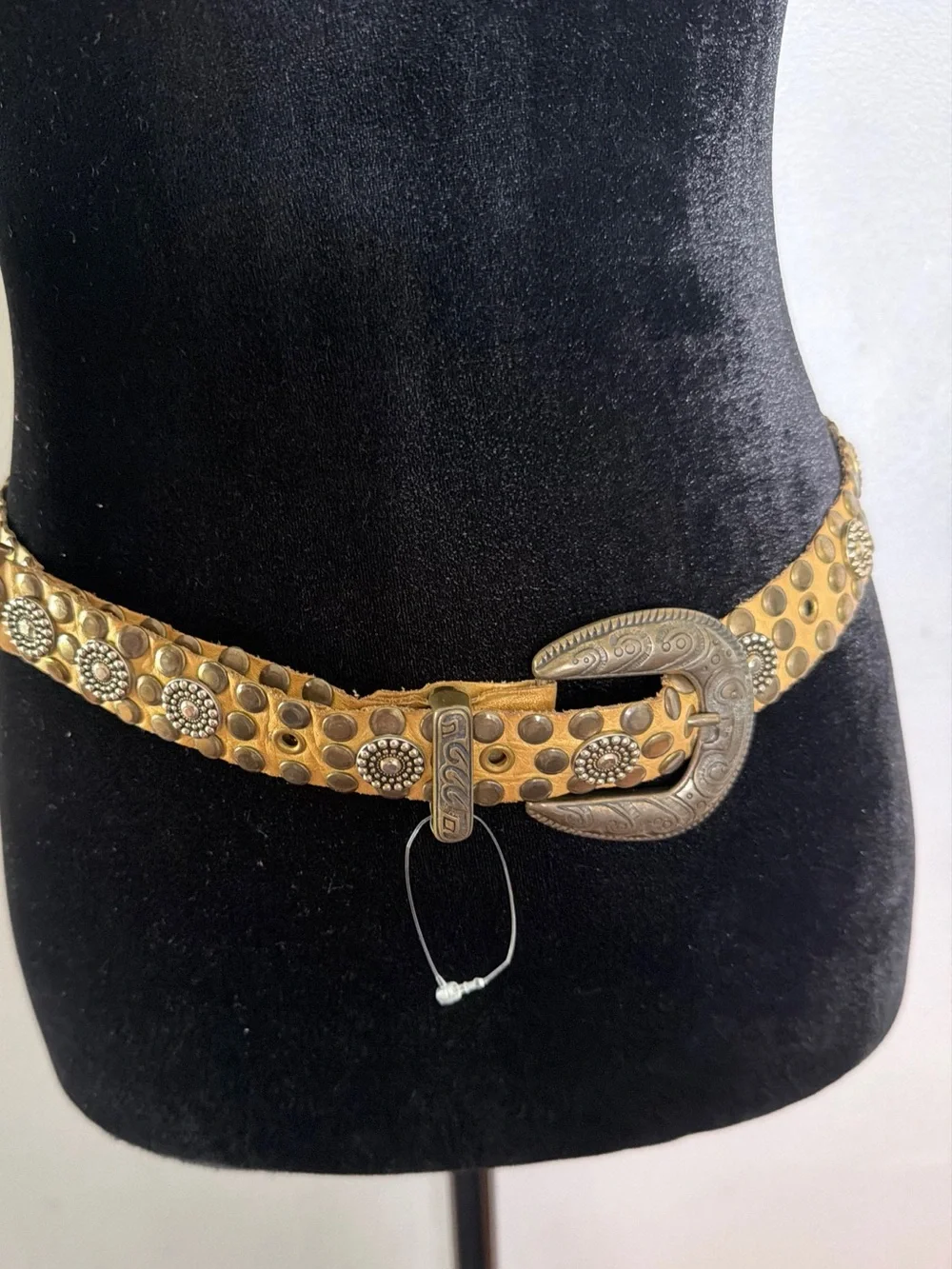 Western Studded Leather Belt with Decorative Silver Buckle - Tan